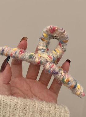 韩国秋冬纯大号法式彩色毛线缠绕抓夹vintage发抓女鲨鱼夹毛绒夹