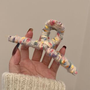 韩国秋冬纯大号法式 彩色毛线缠绕抓夹vintage发抓女鲨鱼夹毛绒夹