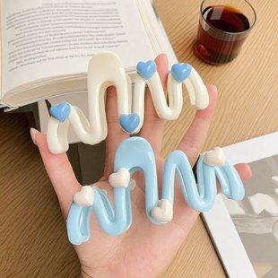 奶油蓝爱心波浪发夹女后脑勺盘发抓夹鲨鱼夹子可爱发卡头饰夏清新