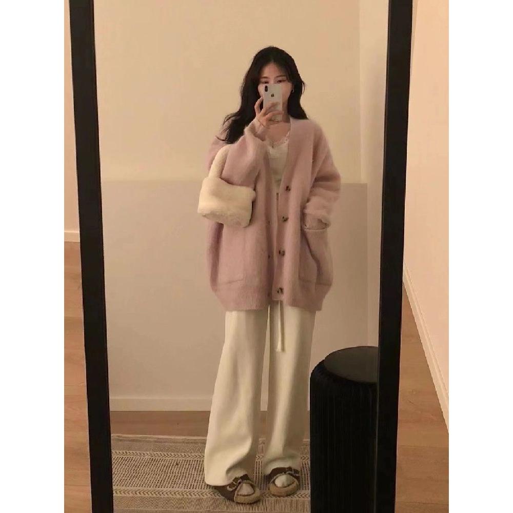 胖薯大码粉色毛衣秋冬水貂绒软糯开衫外套奶fufu加厚气质针织上衣