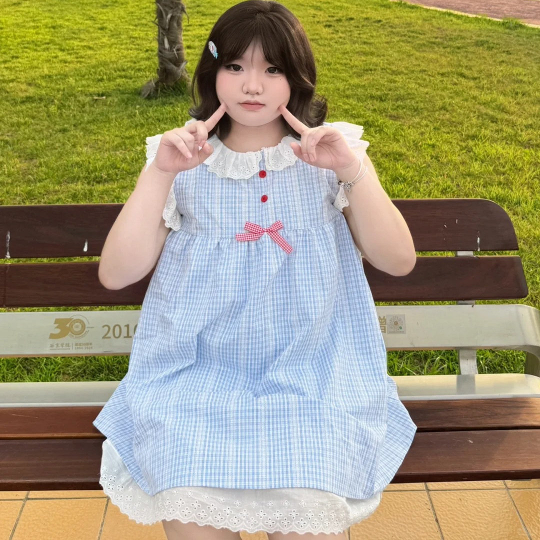 胖薯大码小飞袖连衣裙清新蓝色格子娃娃领宽松显瘦裙夏季蝴蝶结女