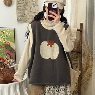 胖薯大码秋冬新款女番茄马甲背心宽松大版日系可爱童趣坎肩毛衣