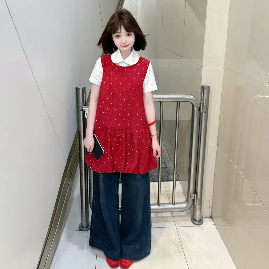 胖薯大码绝美连衣裙夏季新爱减龄小个子圆领波点背带女甜美风叠穿