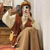 套装 复古学院风两件套针织背心马甲女春秋叠穿衬衫 美式 胖薯大码