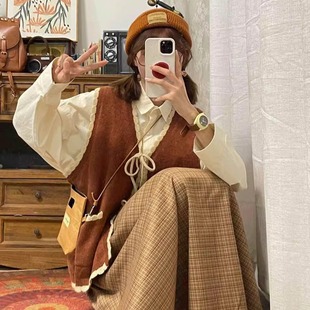 套装 复古学院风两件套针织背心马甲女春秋叠穿衬衫 美式 胖薯大码