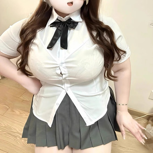 胖薯大码2025春夏韩系夏日穿搭甜妹学院风套装甜美清纯系JK裙子