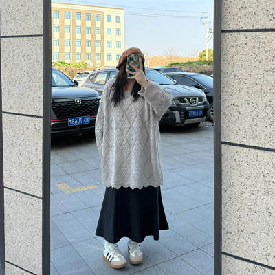 胖薯大码菱格拼接提花针织开衫女秋季宽松遮肉中长款休闲毛衣外套