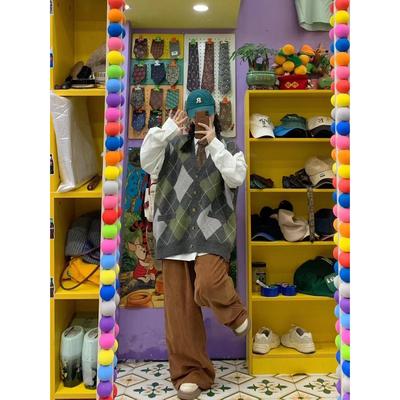 胖薯大码韩系氛围感穿搭菱格针织马甲女秋设计感叠穿复古毛衣背心