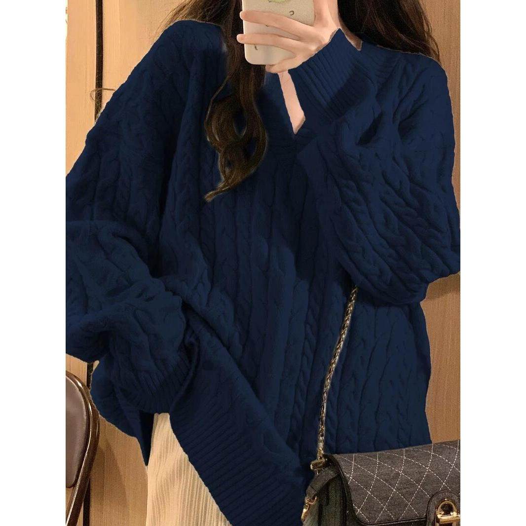 胖薯大码藏蓝色oversize软糯慵懒V领麻花毛衣女学生加厚针织上衣