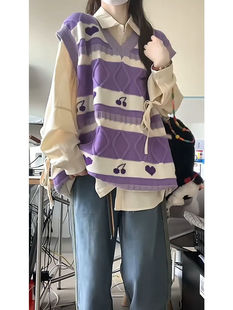胖薯大码 两件套 日系学院风紫色百搭针织马甲背心ins宽松叠穿衬衫