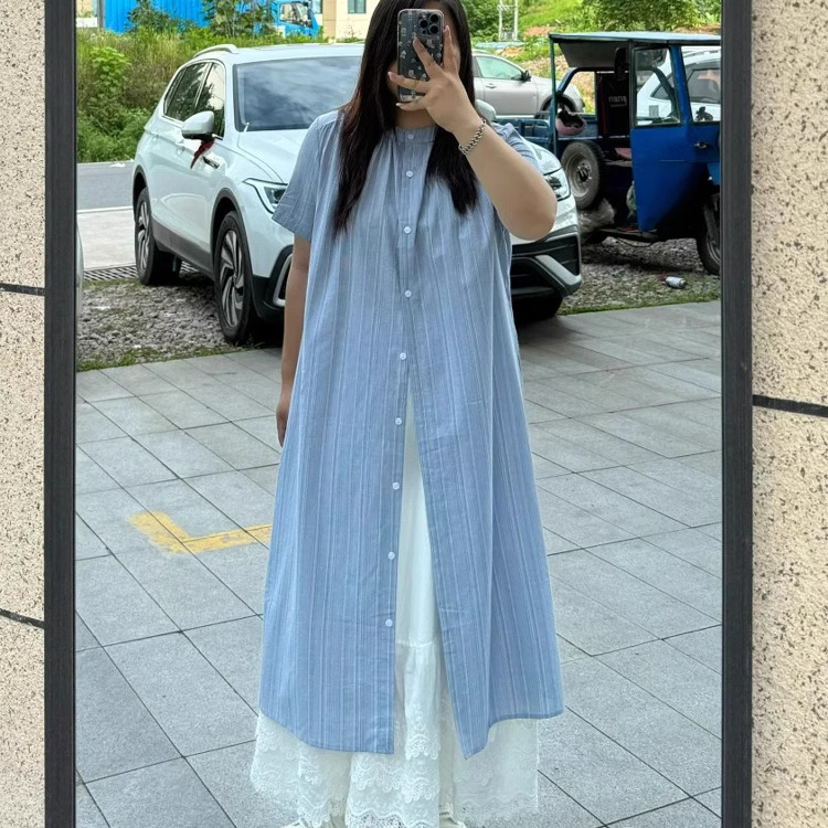胖薯大码茶歇法式甜美条纹圆领连衣裙女小个子学院风短袖衬衫裙