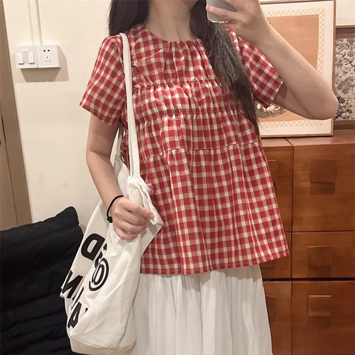 胖薯大码红色格子法式甜美小众温柔风圆领短袖衬衫女宽松娃娃衫