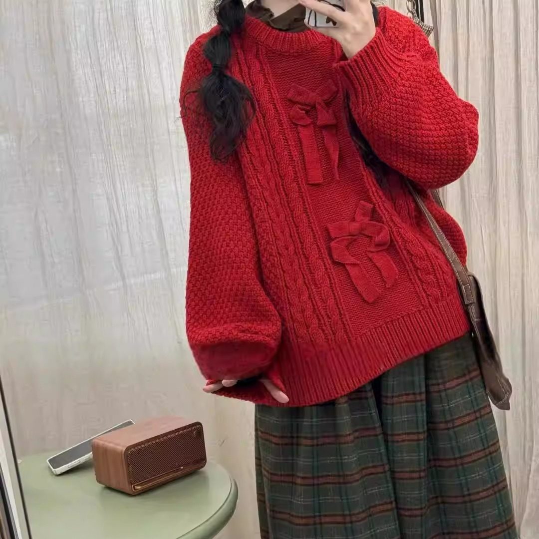 胖薯大码新年红色蝴蝶结针织毛衣女优雅宽松显瘦针织衫上衣氛围感