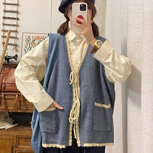 胖薯大码 宽松日系绑带马甲小个子针织毛衣背心两件套潮 文艺女套装