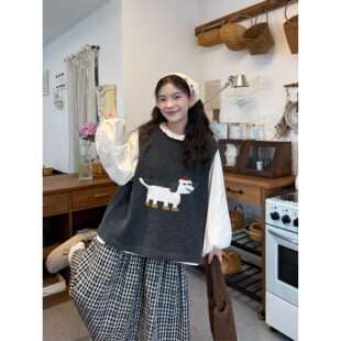 胖薯大码韩系女小狗针织马甲叠穿花边圆领衬衫女秋季针织马甲背心