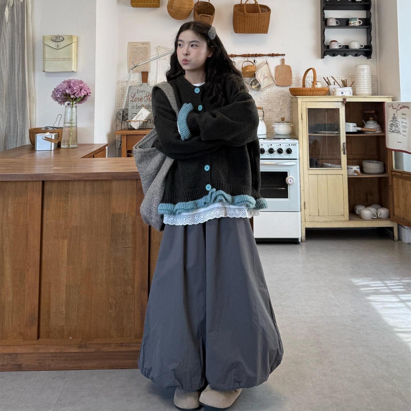 胖薯大码温柔风撞色长袖毛衣外套女秋季新款荷叶边针织衫宽松潮