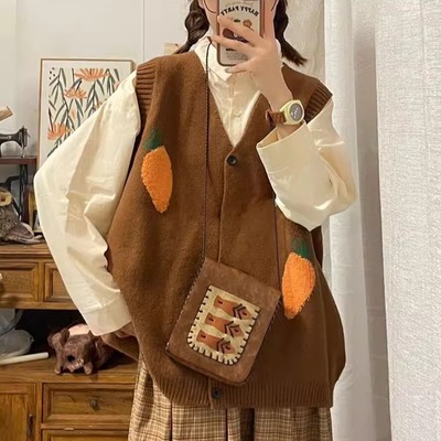 胖薯大码韩版慵懒学院风复古针织开衫背心马甲毛衣女衬衫上衣套装