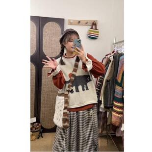 胖薯大码超显白森系百搭打底针织苹果猫马甲百搭秋冬新款软糯学院