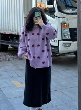 胖薯大码多巴胺紫色圆领针织外搭开衫穿搭上衣秋装女款2024年新款