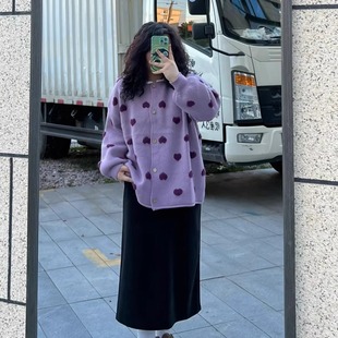 胖薯大码多巴胺紫色圆领针织外搭开衫穿搭上衣秋装女款2024年新款