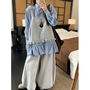 胖薯大码女装2026秋冬文艺一整套女日系宽松马甲背心花苞下摆衬衫