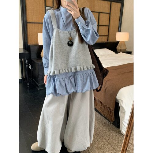 胖薯大码女装2026秋冬文艺一整套女日系宽松马甲背心花苞下摆衬衫