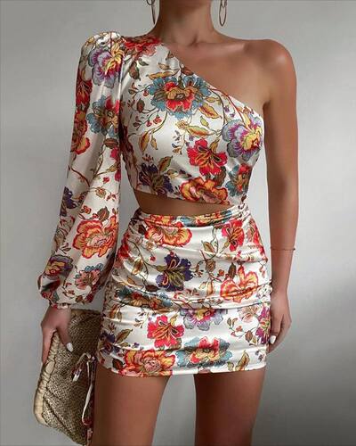 Puff Lantern Sleeve Floral Print Cutout One Shoulder Dress