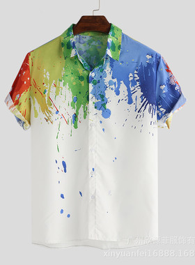 2021 men's business shirt splash ink print Hawaiian shirt