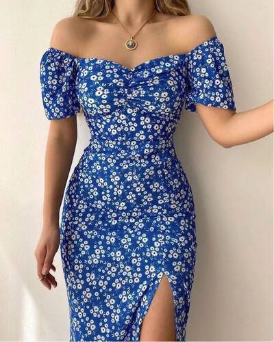 Ditsy Floral Print Off Shoulder Slit Dress一字肩开衩连衣裙