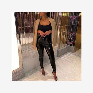 漆皮高腰薄款 trousers 紧身气质通勤无腰带pu紧身打底外穿铅笔长裤