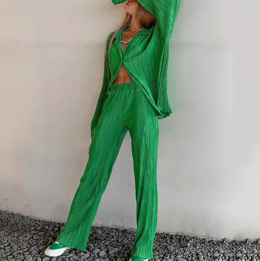 Autumn long-sleeved top + pleated wide-leg pants casual suit