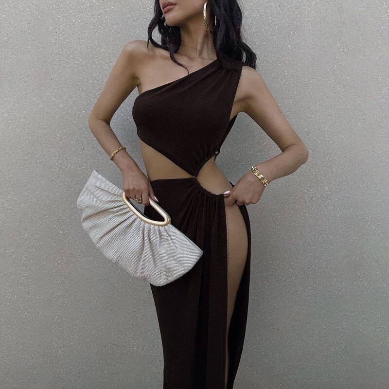 欧美时尚经典女装高妹性感高开衩露腰镂空单肩连衣裙过膝长裙棕色