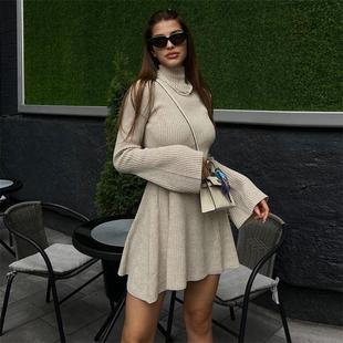 Long sleeved knitted high necked dress A-line woolen dress