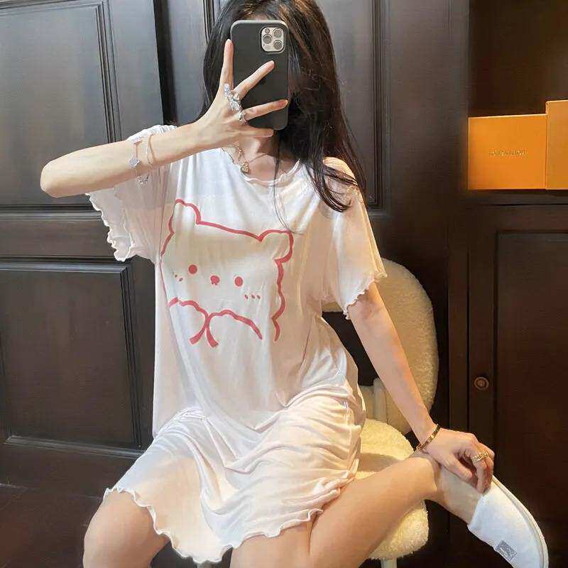 日系卡通小熊棉柔软薄款短袖睡裙圆领可爱甜美大码睡衣少女