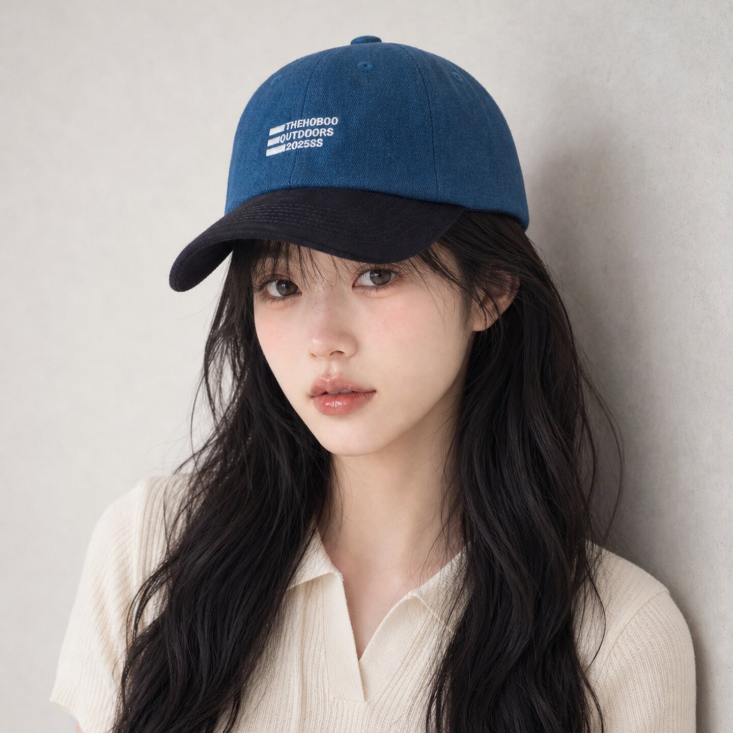 蓝黑拼色刺绣棒球帽女显脸小