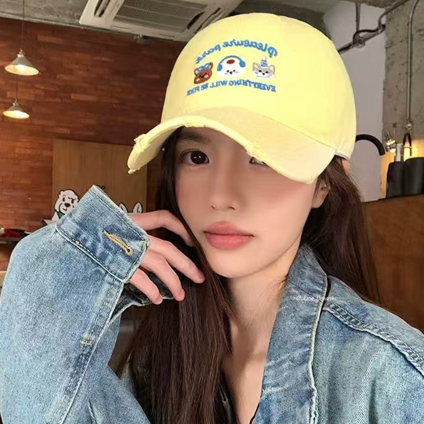 日系可爱卡通黄色帽子女春夏减龄鸭舌帽百搭弯檐显脸小遮阳棒球帽