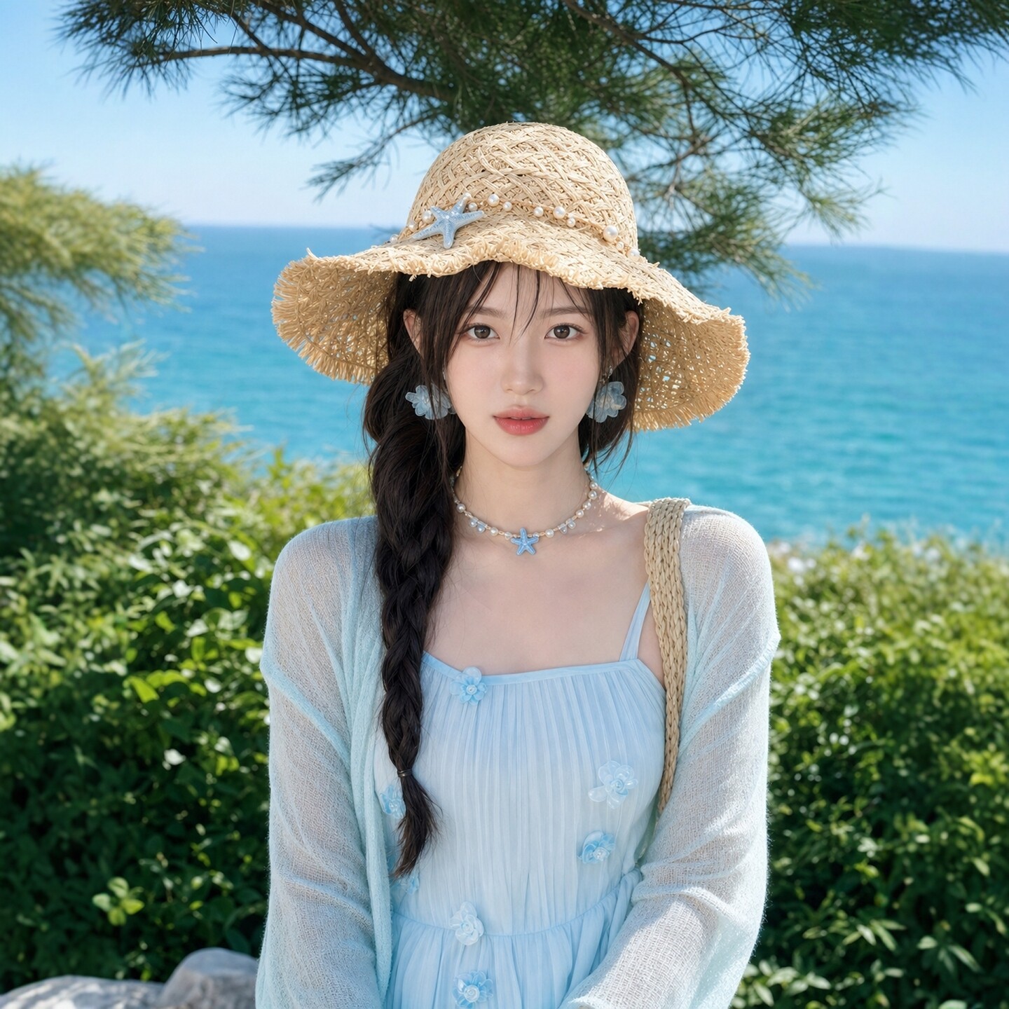 夏季海星草编大檐防晒沙滩帽女