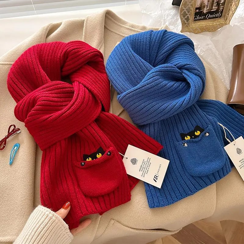 口袋刺绣猫咪针织围巾女