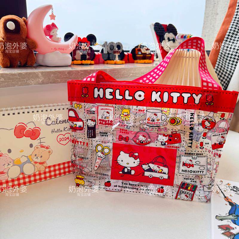 红色Kitty猫PVC手提包可爱学生透明防水大容量游泳包果冻包便携手