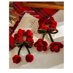 儿童春节新年圣诞红丝绒发圈花朵款蝴蝶结大肠圈秋冬少女头饰发饰