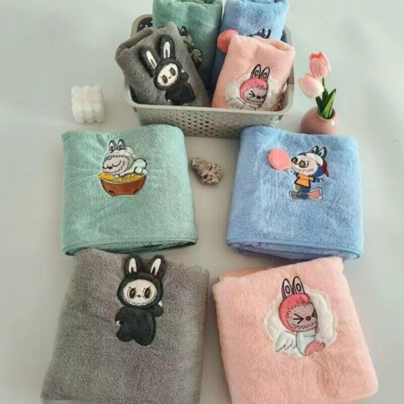卡通刺绣拉布布毛巾浴巾两件套珊瑚绒儿童成人面巾柔软吸水不掉