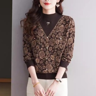 2025新款半高领拼色印花针织衫女装秋冬季潮汕大朗打底保暖毛衣潮