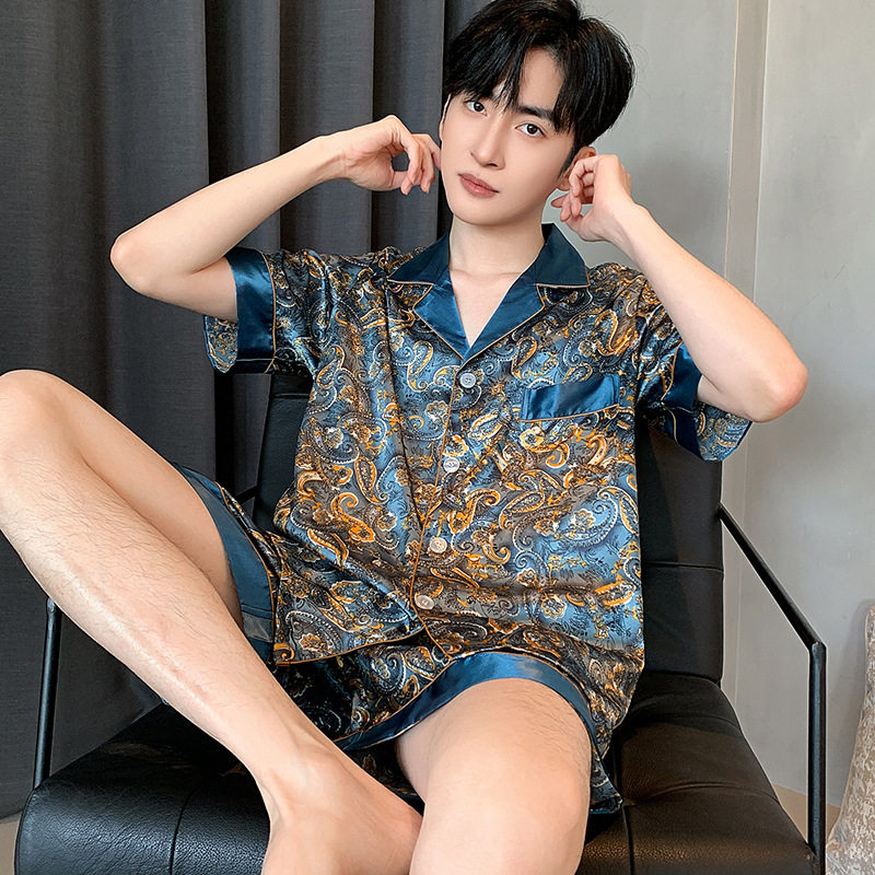 高级感睡衣男翻领冰丝短袖夏季薄款春秋仿真丝绸家居服套装加大码