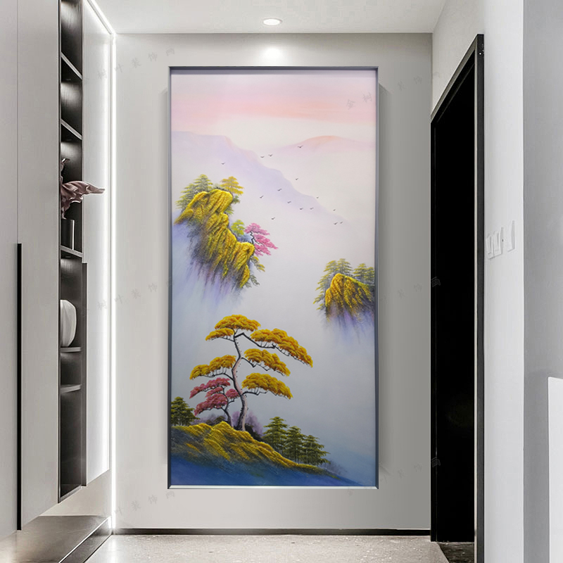 纯手绘油画立体装饰画玄关轻奢高级新中式风格客厅山水风景肌理画图片
