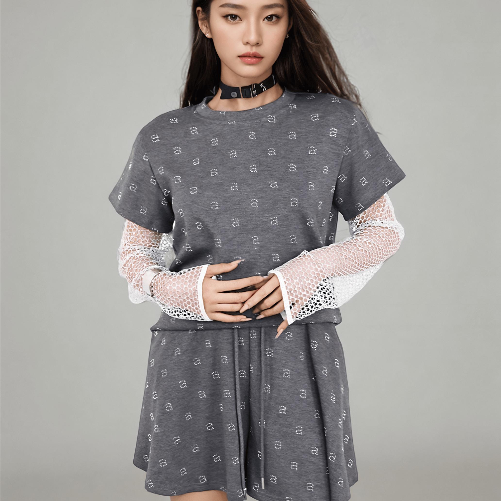 BW 休闲时尚运动套装女烫钻假两件上衣高腰短裤两件套灰色