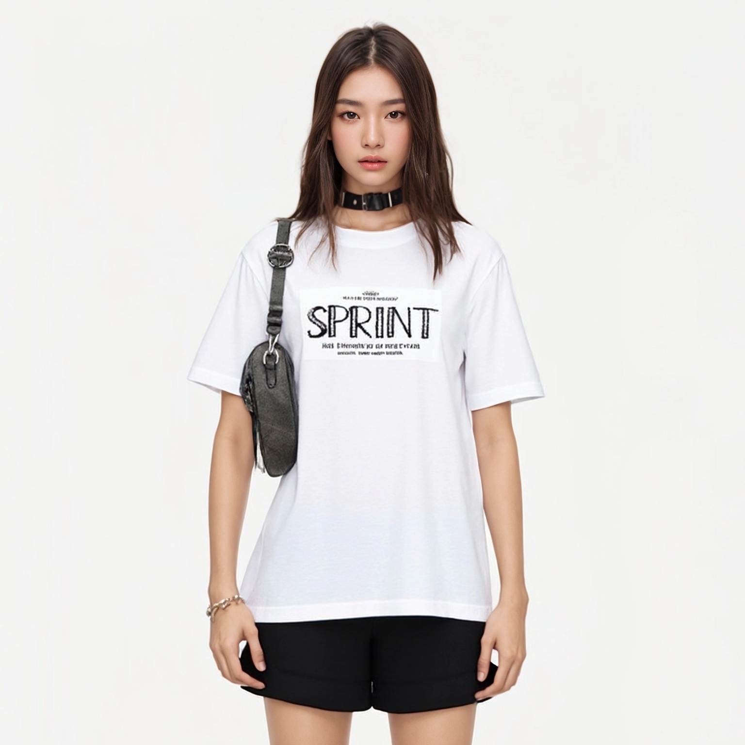 BW 露肩静奢风正肩修身短袖t恤女2025夏季新款字母圆领上衣白色