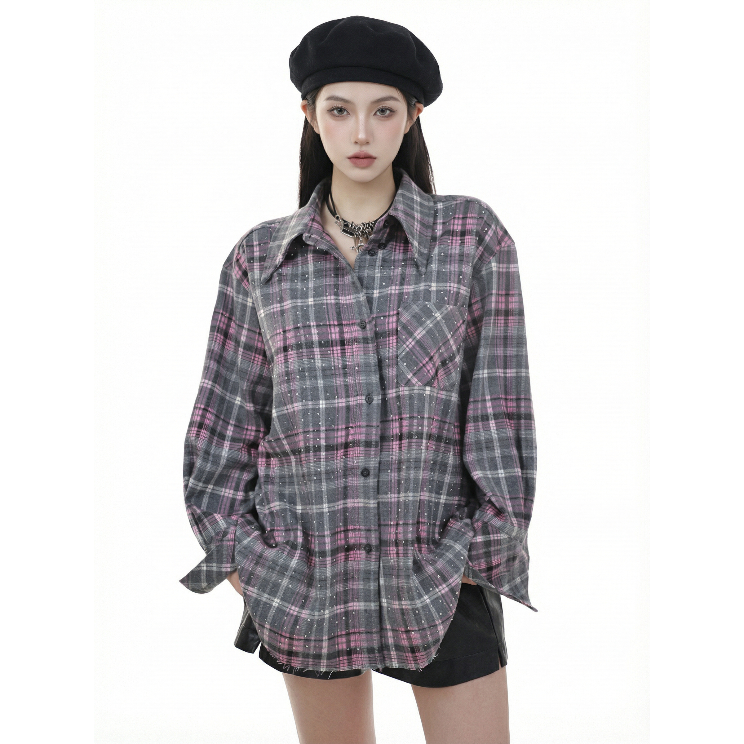 BW 新款复古格子衬衫衬衣宽松长袖外套粉色细格纹衬衫高智感