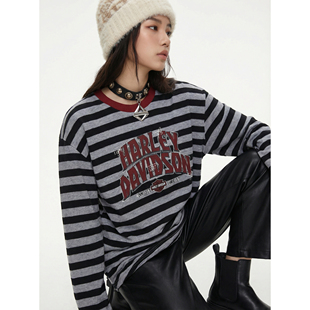 BW 复古条纹印花长袖t恤宽松打底衫灰色新款中长款复古