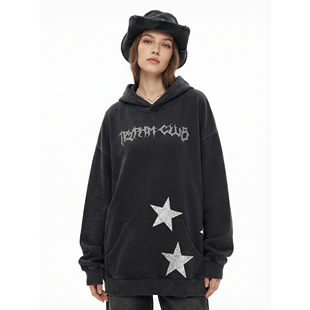 BW 星星字母印花连帽卫衣女宽松慵懒风复古舒适极简主义穿搭