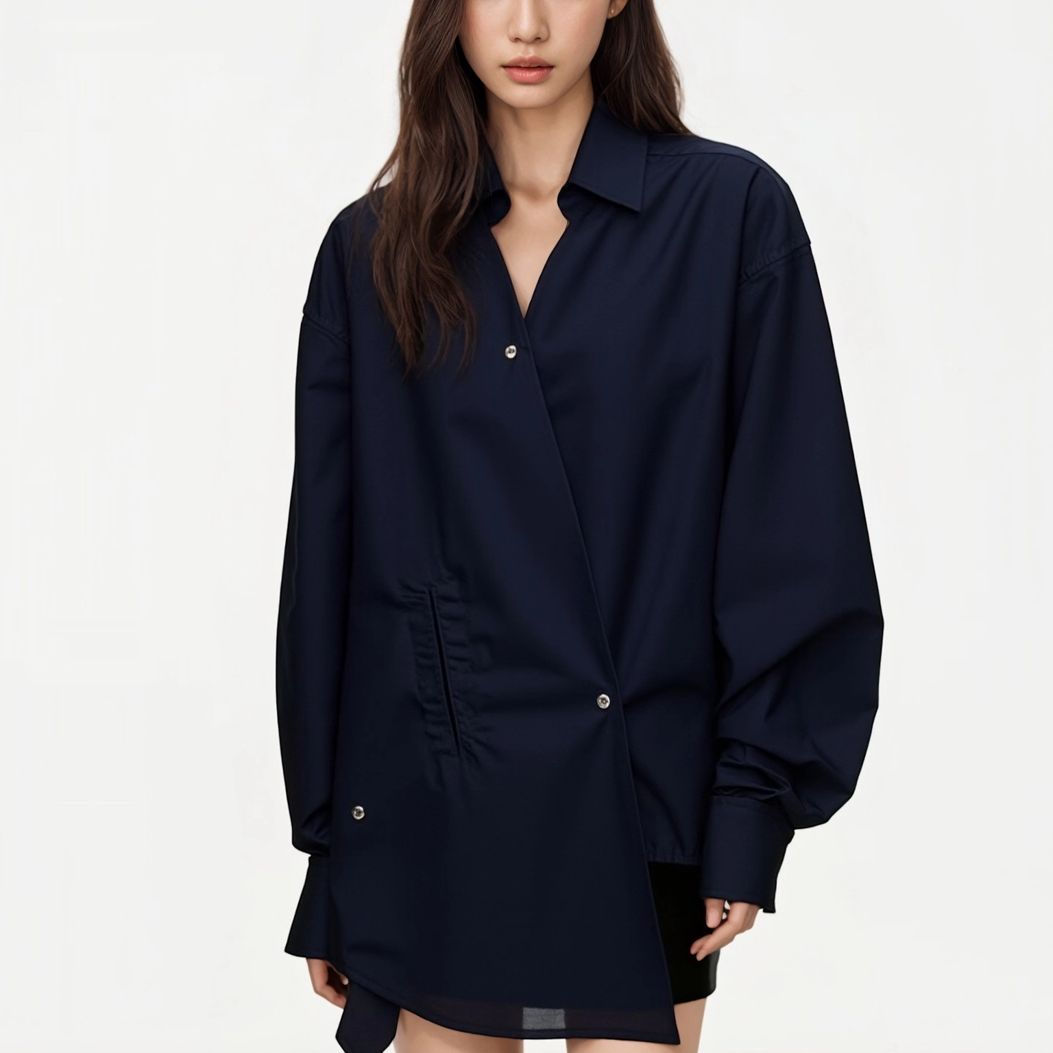 BW 慵懒风休闲宽松松弛感慵懒V领挺括量感解构藏青色衬衫斜门襟